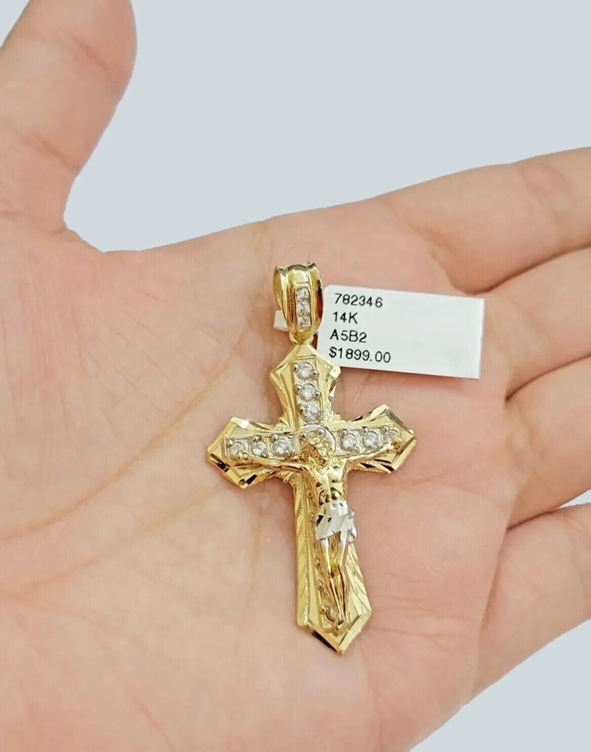 Real 14k Yellow Gold Cross Charm Pendant 14kt Jesus Crucifix With Stone For Mens - GoldenlinQ